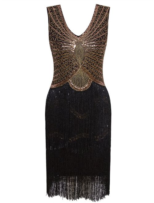 VIJIV 1920s Style Inspired Charleston Sequin Layer Tassel Cocktail Flapper Dress