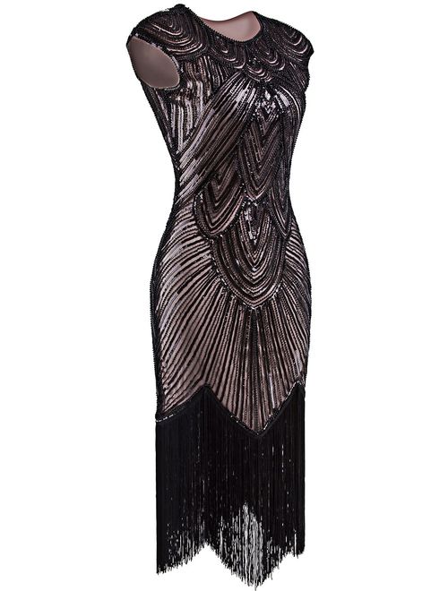 VIJIV 1920's Long Prom Dresses Beaded Sequin Art Nouveau Deco Flapper Dress