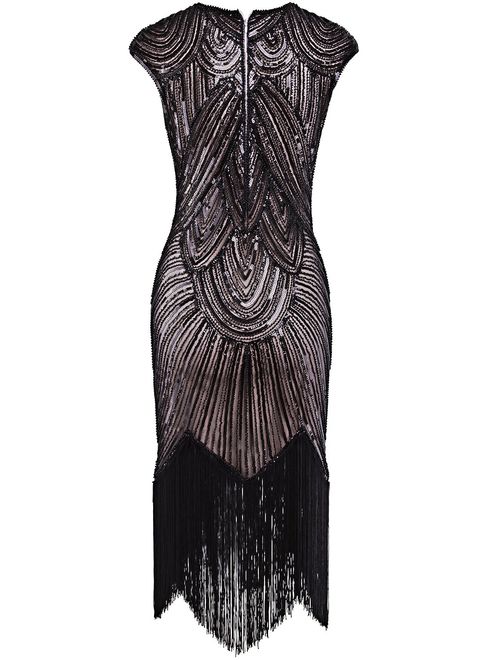 VIJIV 1920's Long Prom Dresses Beaded Sequin Art Nouveau Deco Flapper Dress