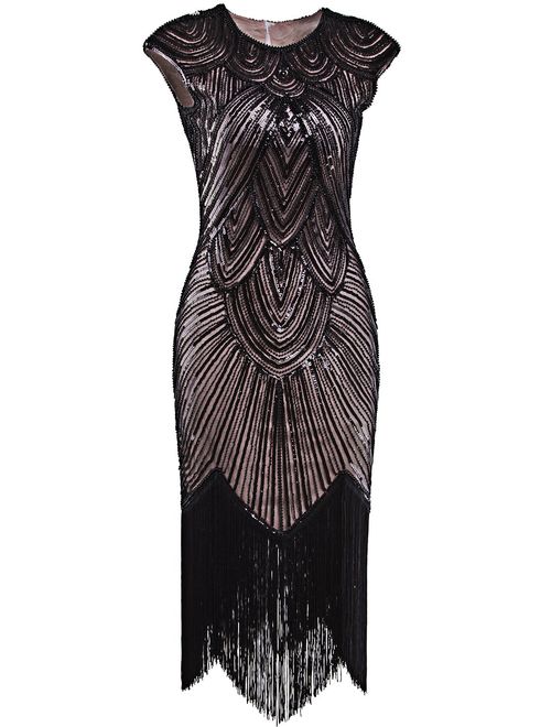 VIJIV 1920's Long Prom Dresses Beaded Sequin Art Nouveau Deco Flapper Dress