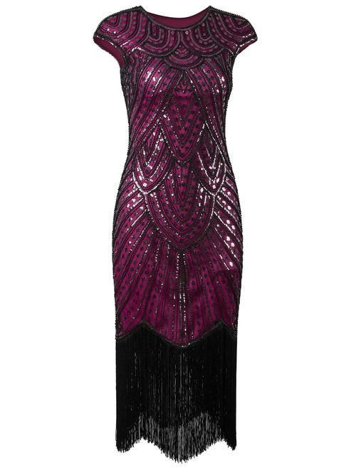 VIJIV 1920's Long Prom Dresses Beaded Sequin Art Nouveau Deco Flapper Dress