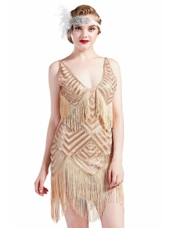 BABEYOND Women's 1920s Flapper Dress V Neck Embellished Slip Dress Roaring 20s Great Gatsby Dress for Party