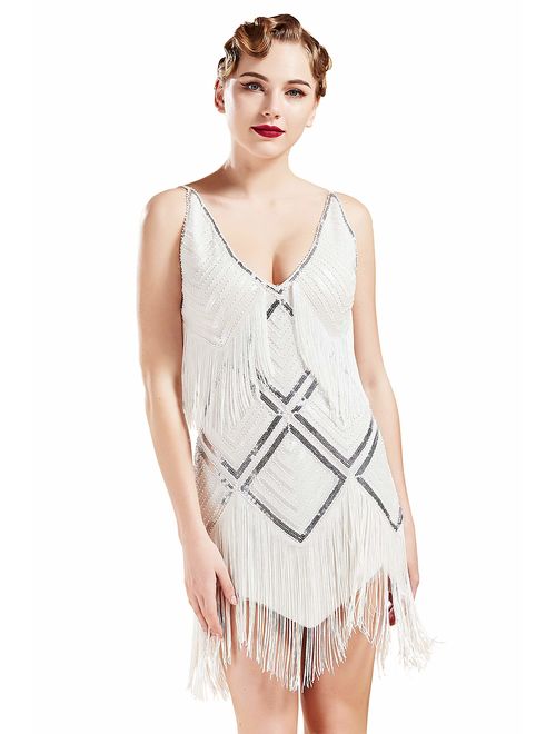 BABEYOND Women's 1920s Flapper Dress V Neck Embellished Slip Dress Roaring 20s Great Gatsby Dress for Party