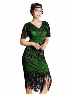 kayamiya Women's Flapper Dresses 1920s Sequins Art Deco Gatsby Cocktail Embellished Dress with Sleeve