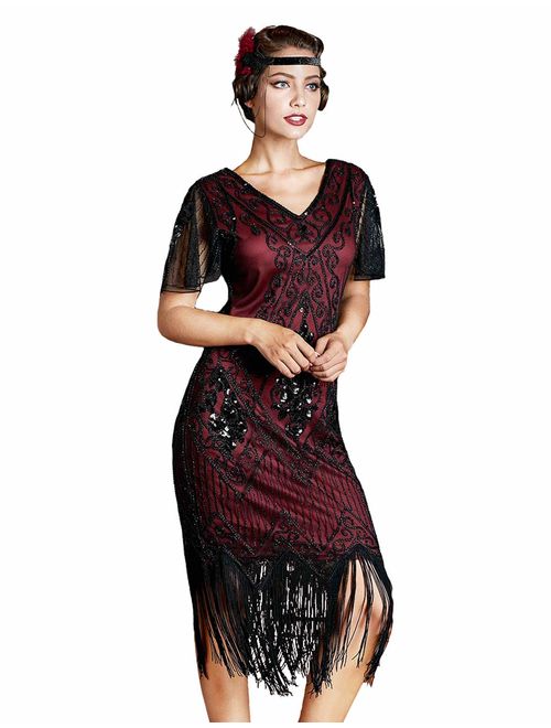 kayamiya Women's Flapper Dresses 1920s Sequins Art Deco Gatsby Cocktail Embellished Dress with Sleeve