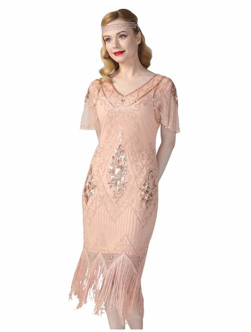 kayamiya Women's Flapper Dresses 1920s Sequins Art Deco Gatsby Cocktail Embellished Dress with Sleeve