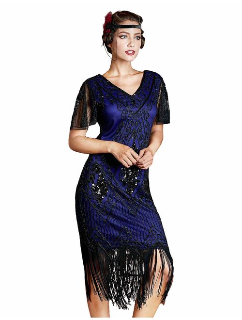 kayamiya Women's Flapper Dresses 1920s Sequins Art Deco Gatsby Cocktail Embellished Dress with Sleeve