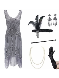 Coucoland Womens 1920s Flapper Sequin Beads Dress with Roaring 20s Gatsby Accessories Set for Party