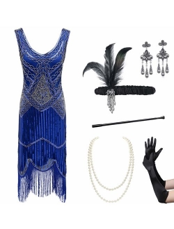 Coucoland Womens 1920s Flapper Sequin Beads Dress with Roaring 20s Gatsby Accessories Set for Party