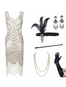 Coucoland Womens 1920s Flapper Sequin Beads Dress with Roaring 20s Gatsby Accessories Set for Party