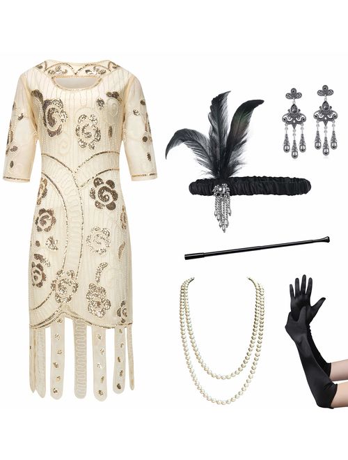 Coucoland Womens 1920s Flapper Sequin Beads Dress with Roaring 20s Gatsby Accessories Set for Party