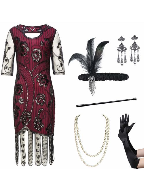 Coucoland Womens 1920s Flapper Sequin Beads Dress with Roaring 20s Gatsby Accessories Set for Party