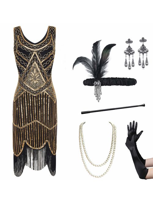 Coucoland Womens 1920s Flapper Sequin Beads Dress with Roaring 20s Gatsby Accessories Set for Party