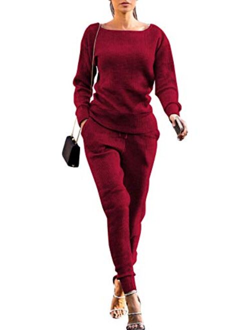 VNVNE Womens Fall Rib-Knit Pullover knitted lounge set