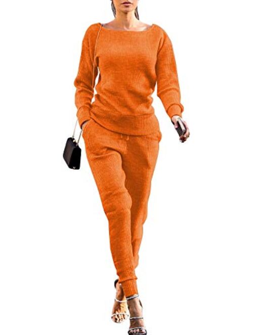 VNVNE Womens Fall Rib-Knit Pullover knitted lounge set