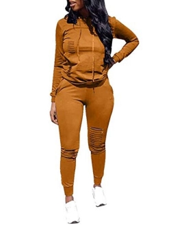 Women Casual Ripped Hole Pullover Hoodie Sweatpants 2 Piece Sport Jumpsuits Outfits Set