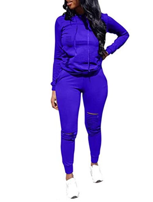 Women Casual Ripped Hole Pullover Hoodie Sweatpants 2 Piece Sport Jumpsuits Outfits Set