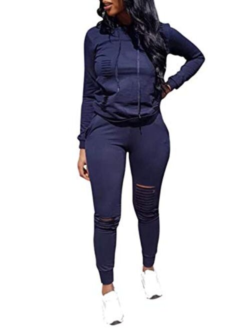 Women Casual Ripped Hole Pullover Hoodie Sweatpants 2 Piece Sport Jumpsuits Outfits Set