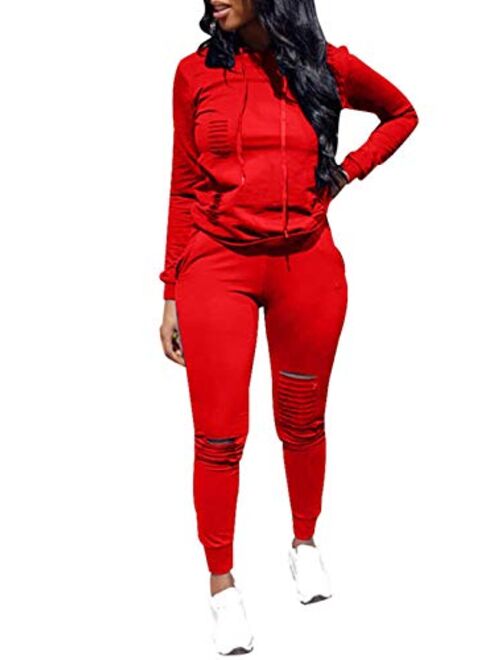 Women Casual Ripped Hole Pullover Hoodie Sweatpants 2 Piece Sport Jumpsuits Outfits Set