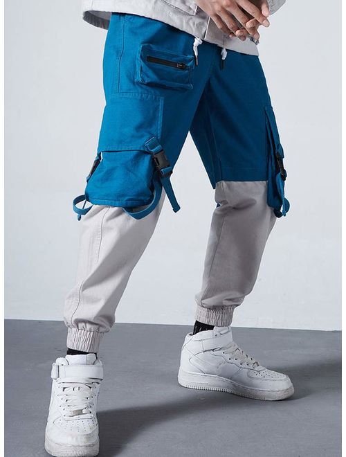 LifeHe Men's Hip Hop Patchwork Side Pockets Cargo Harem Joggers Casual Streetwear Pants