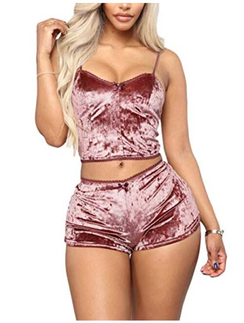 Angsuttc Women's Velvet 2 Piece Outfit Spaghetti Strap Sleeveless Crop Top+ Shorts Set