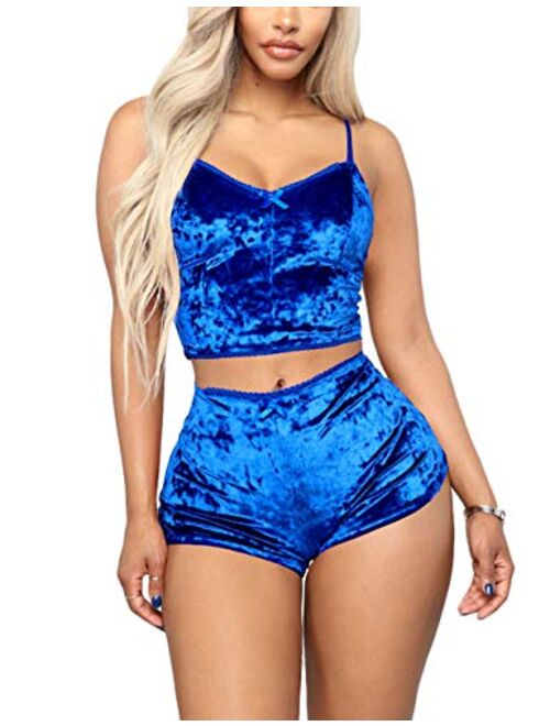 Angsuttc Women's Velvet 2 Piece Outfit Spaghetti Strap Sleeveless Crop Top+ Shorts Set