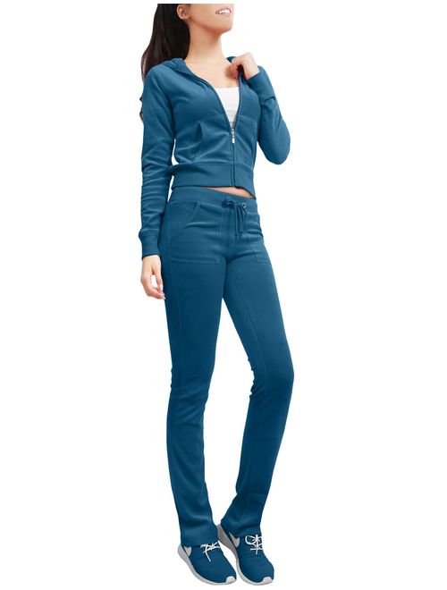 NE PEOPLE Womens Casual Basic Velour Zip Up Hoodie Sweatsuit Tracksuit Set S-3XL