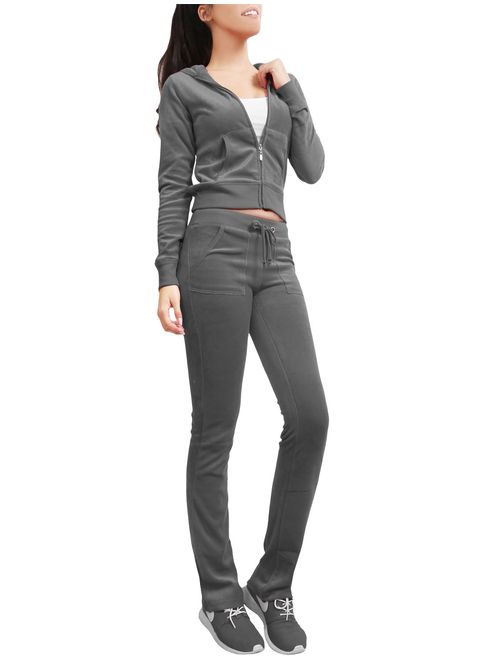 NE PEOPLE Womens Casual Basic Velour Zip Up Hoodie Sweatsuit Tracksuit Set S-3XL