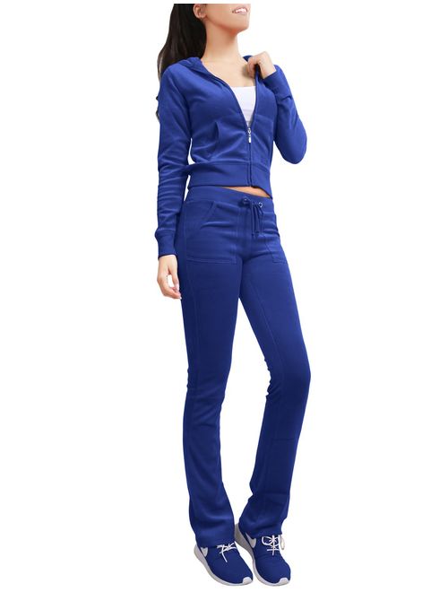 NE PEOPLE Womens Casual Basic Velour Zip Up Hoodie Sweatsuit Tracksuit Set S-3XL