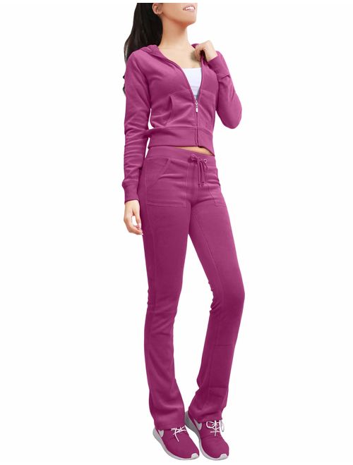 NE PEOPLE Womens Casual Basic Velour Zip Up Hoodie Sweatsuit Tracksuit Set S-3XL