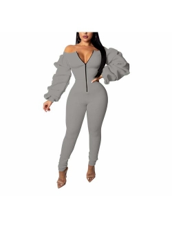 Ophestin Women Off Shoulder Long Sleeve Ruched Bodycon Jumpsuits Rompers