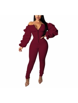 Ophestin Women Off Shoulder Long Sleeve Ruched Bodycon Jumpsuits Rompers