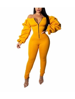 Ophestin Women Off Shoulder Long Sleeve Ruched Bodycon Jumpsuits Rompers