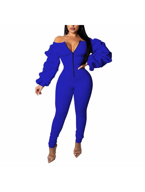 Ophestin Women Off Shoulder Long Sleeve Ruched Bodycon Jumpsuits Rompers