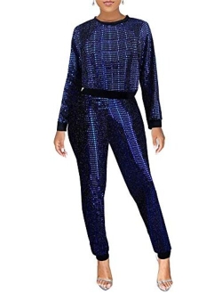 2 Piece Night Clubwear Outfits for Women Long Sleeve Top+Metallic Shiny Pants Glitter Clubwear