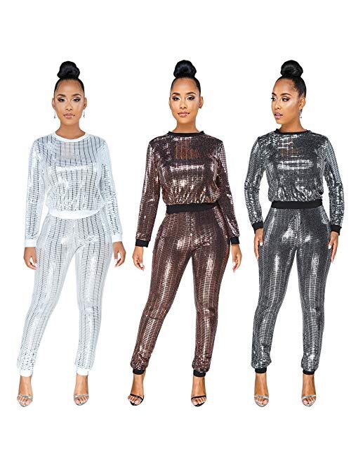 2 Piece Night Clubwear Outfits for Women Long Sleeve Top+Metallic Shiny Pants Glitter Clubwear