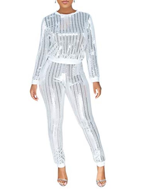 2 Piece Night Clubwear Outfits for Women Long Sleeve Top+Metallic Shiny Pants Glitter Clubwear