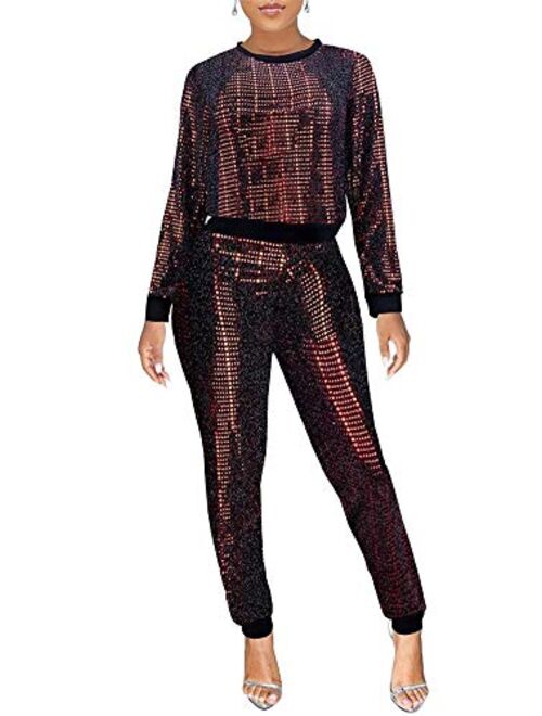 2 Piece Night Clubwear Outfits for Women Long Sleeve Top+Metallic Shiny Pants Glitter Clubwear