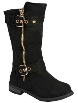 J.J.F Shoes Kids Girls Mango21 Dual Buckle/Zipper Quilted Mid Calf Motorcycle Boots