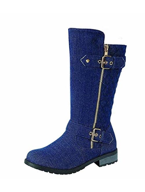 J.J.F Shoes Kids Girls Mango21 Dual Buckle/Zipper Quilted Mid Calf Motorcycle Boots