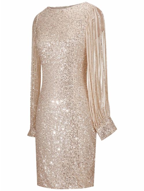 MISSCHEN Women's Elegant Sequin Glitter Bodycon Stretchy Tassel Sleeve Cocktail Party Dress