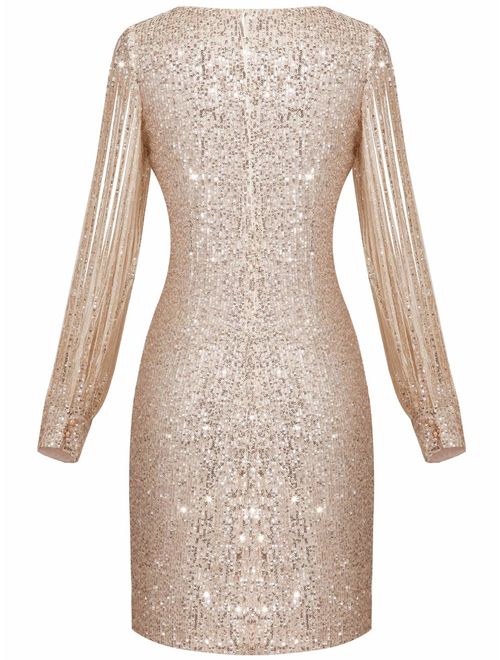 MISSCHEN Women's Elegant Sequin Glitter Bodycon Stretchy Tassel Sleeve Cocktail Party Dress