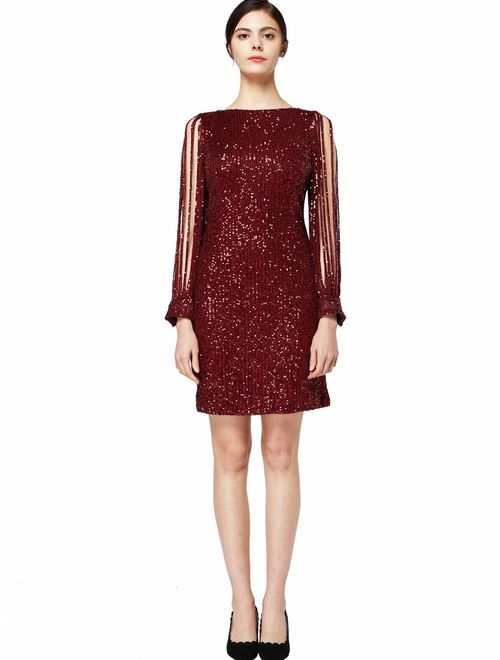 MISSCHEN Women's Elegant Sequin Glitter Bodycon Stretchy Tassel Sleeve Cocktail Party Dress