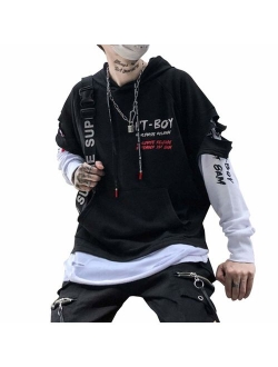 Banana Bucket Mens Hip Hop Streetwear Long Sleeve Patchwork Hoodies Pullover with Kangaroo Pocket