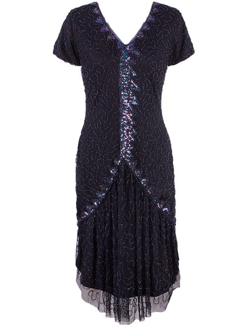 Vijiv Vintage 1920s Gatsby Sequin Beaded Embellished Lace Cocktail Party Flapper Dress Sleeves