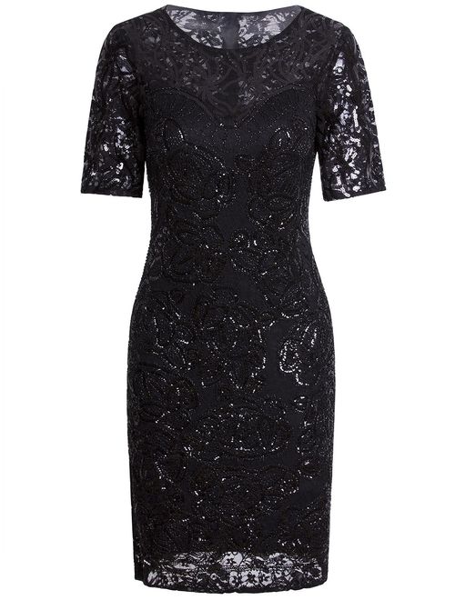 Vijiv Vintage 1920s Gatsby Sequin Beaded Embellished Lace Cocktail Party Flapper Dress Sleeves