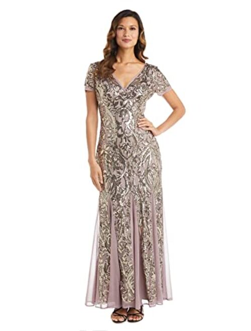 R&M Richards Women's One Piece Short Sleeve Embelished Sequins Gown