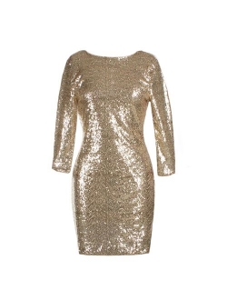 Womens 3/4 Sleeve V Neck Sequin Sparkle Glitzy Glam Flapper Party Dress Cocktail Glitter Bodycon Wedding Evening Clubwear