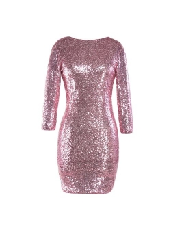 Womens 3/4 Sleeve V Neck Sequin Sparkle Glitzy Glam Flapper Party Dress Cocktail Glitter Bodycon Wedding Evening Clubwear