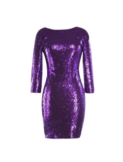 Womens 3/4 Sleeve V Neck Sequin Sparkle Glitzy Glam Flapper Party Dress Cocktail Glitter Bodycon Wedding Evening Clubwear